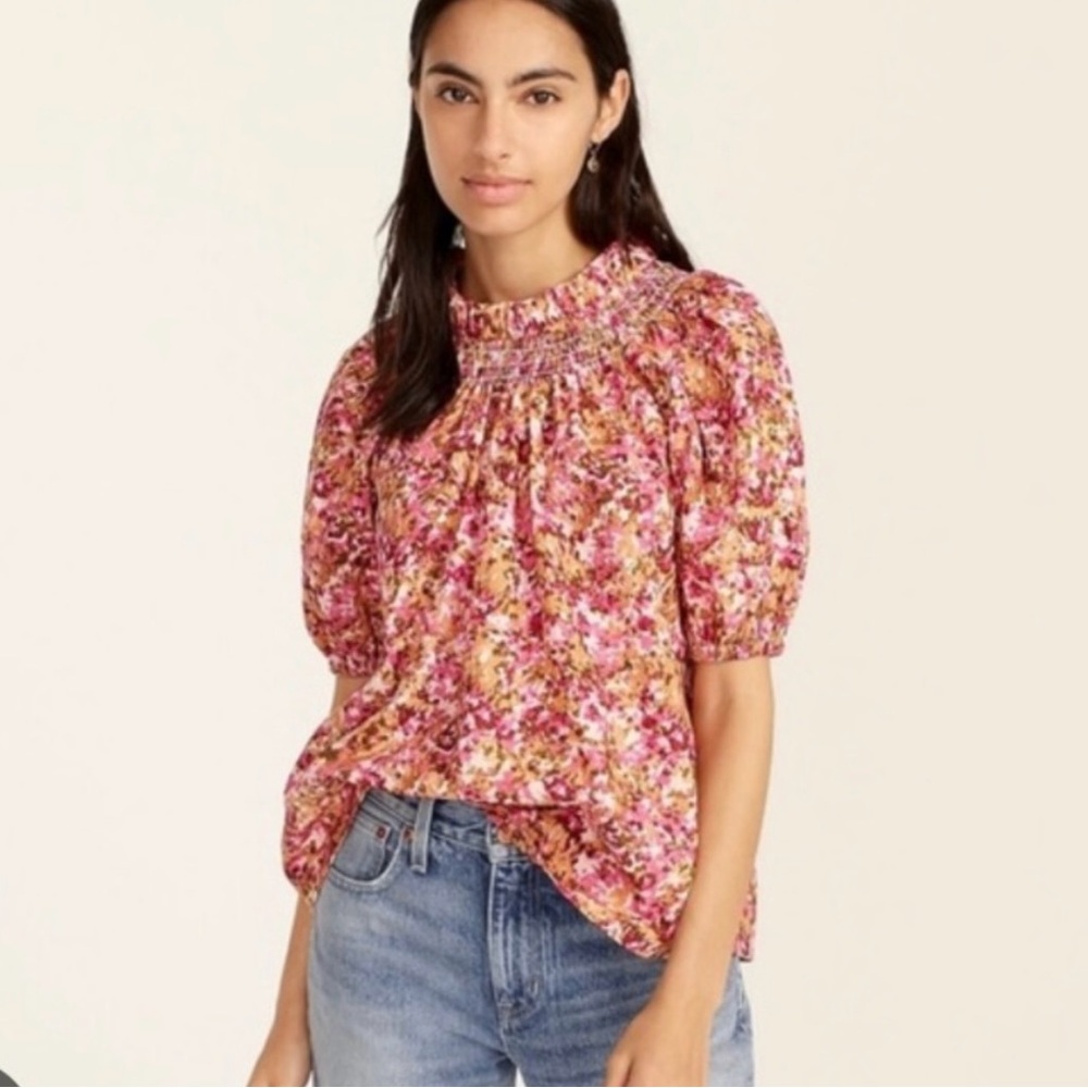 J. Crew Smocked Neck Puff Sleeve Top in Faded Floral